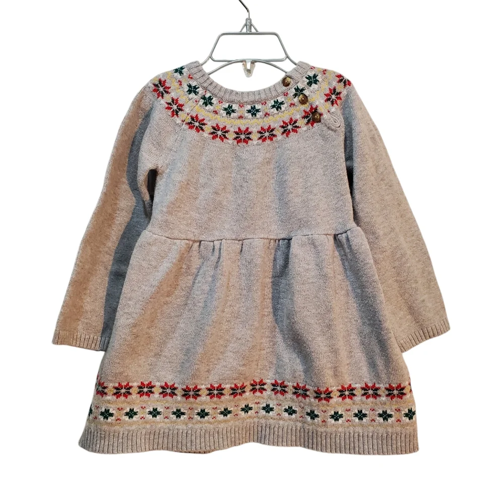 Carter’s Fair Isle Sweater Dress Gray Christmas Flowers Baby Girl Size‎ 24M